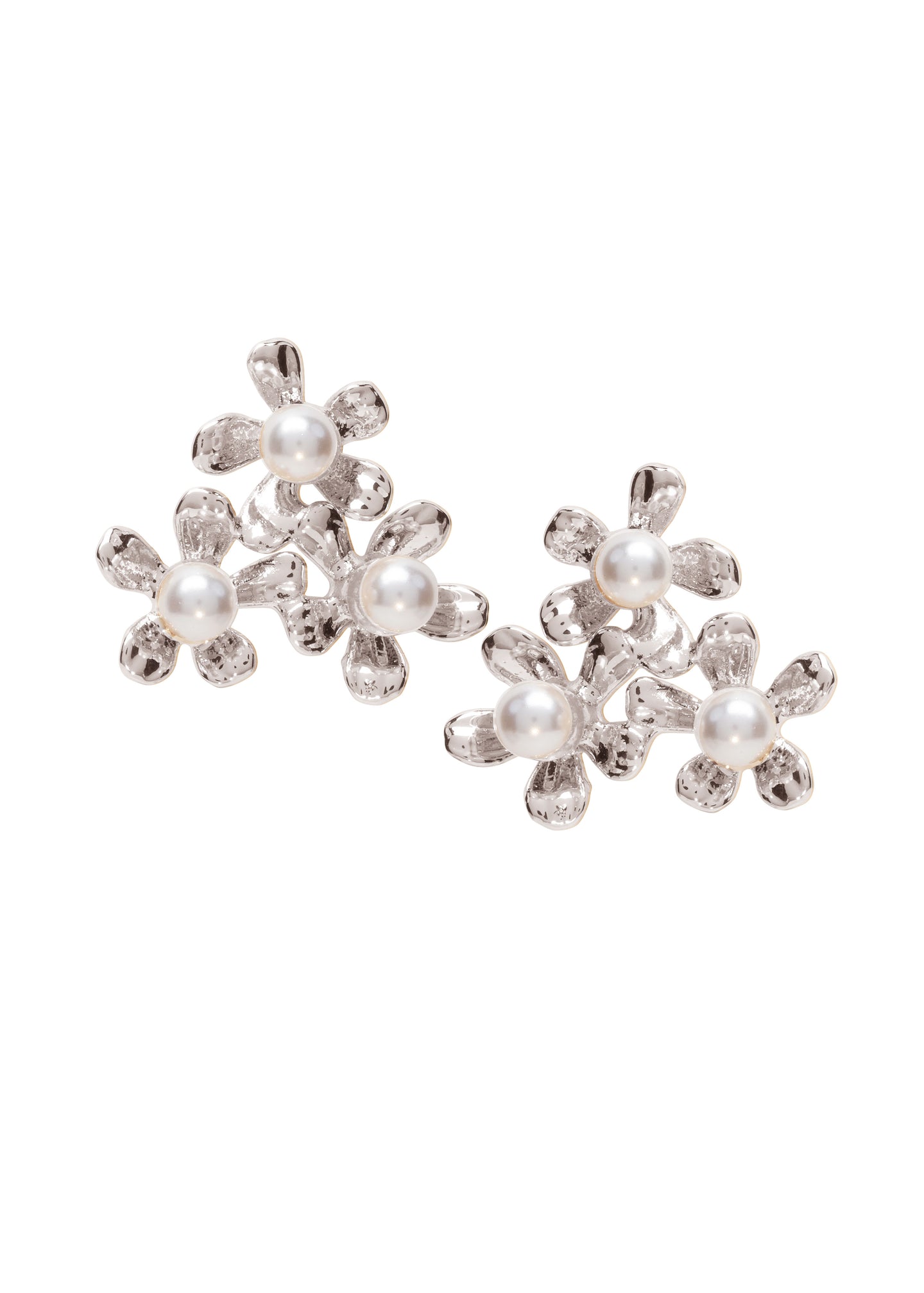 Silver floral pearl cluster stud earring white background