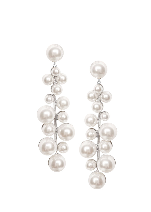 A pair of silver and pearl clustered drop earrings on a white background