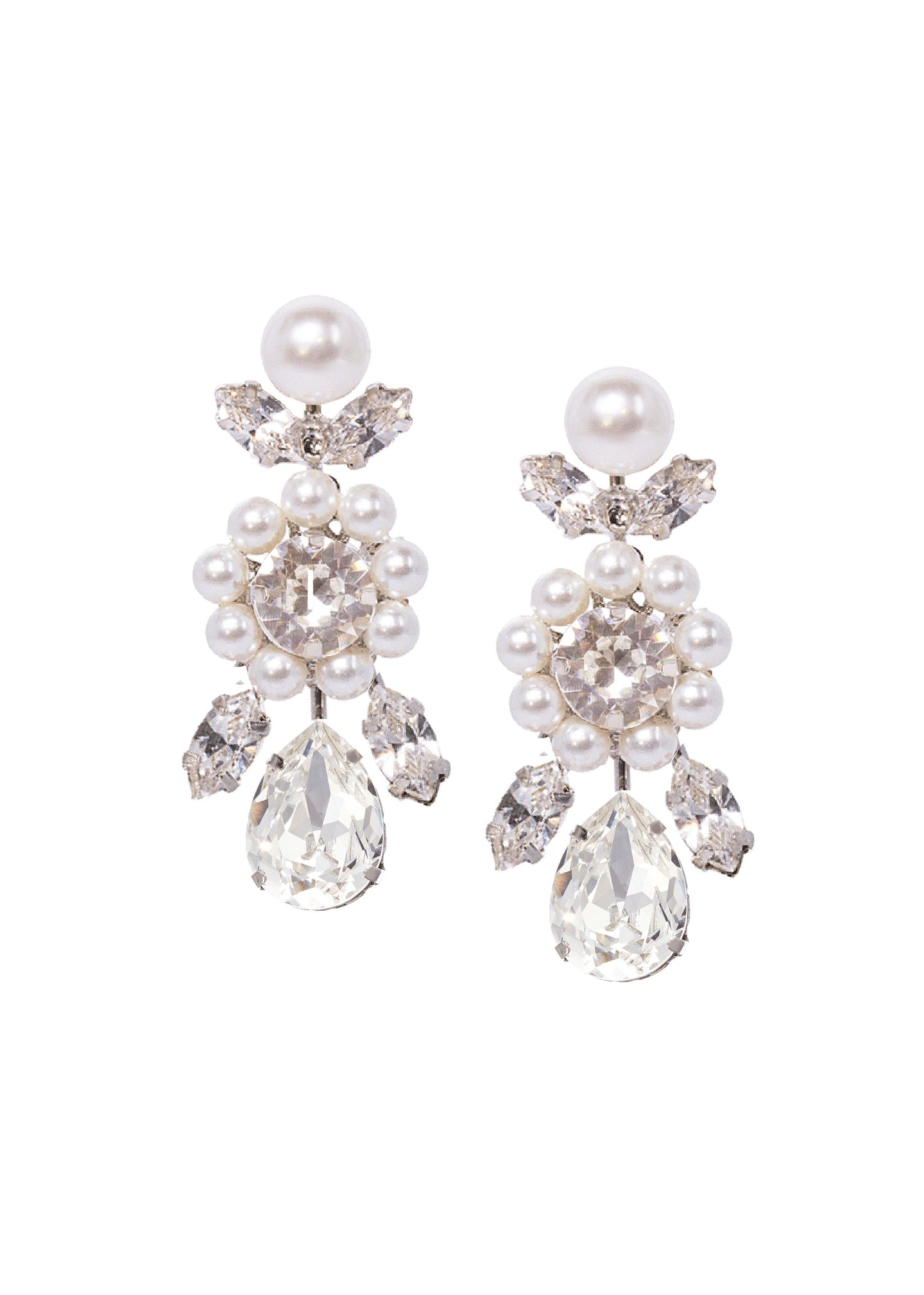 A pair of elegant drop-style earrings featuring pearls and sparkling crystals, with a rhodium plate finish.