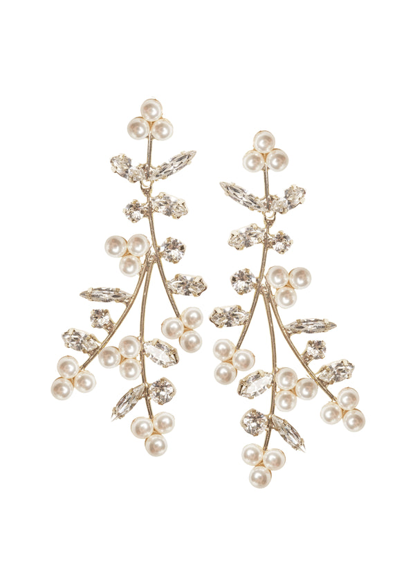 A pair of statement earrings featuring a floral design with pearls and crystal embellishments in a gold finish.