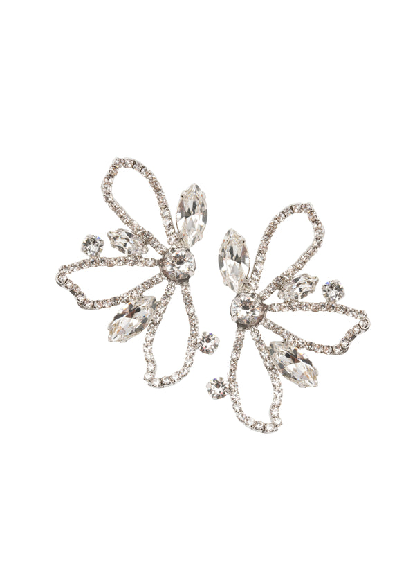 Crystal wing style stud earring in silver on a white background.