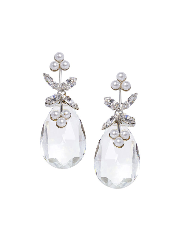 Crystal tear drop bridal earring with pearl accents on white background