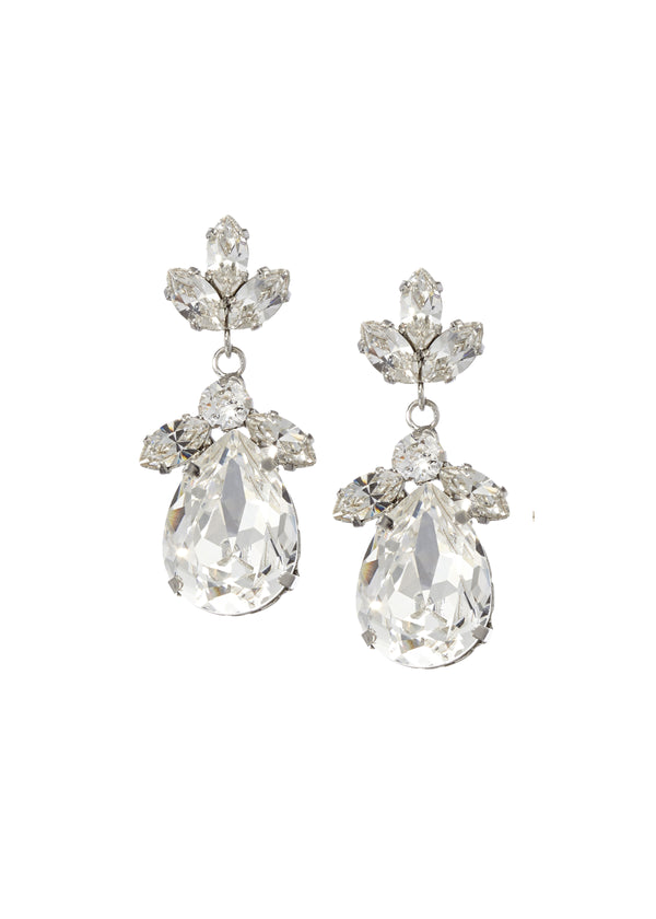 A pair of classic tear drop earrings with clear facetted European crystals and a rhodium plate finish.