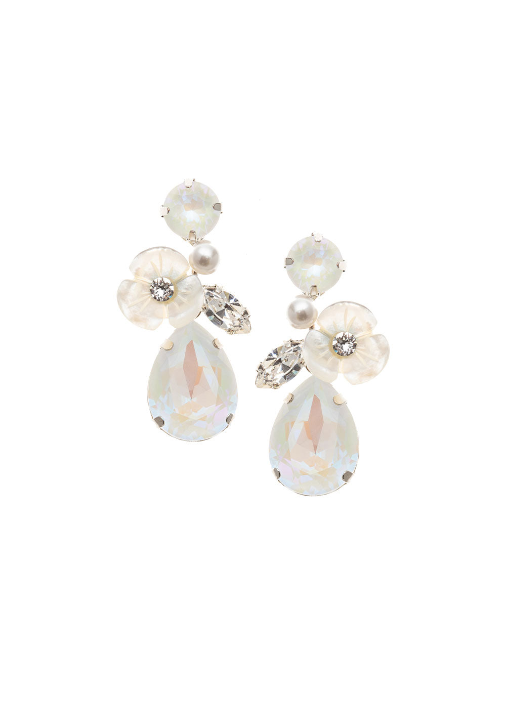 A crystal and mother of pearl floral drop earring on white background