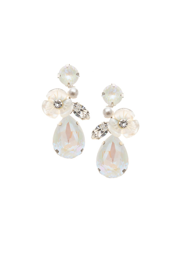 A crystal and mother of pearl floral drop earring on white background