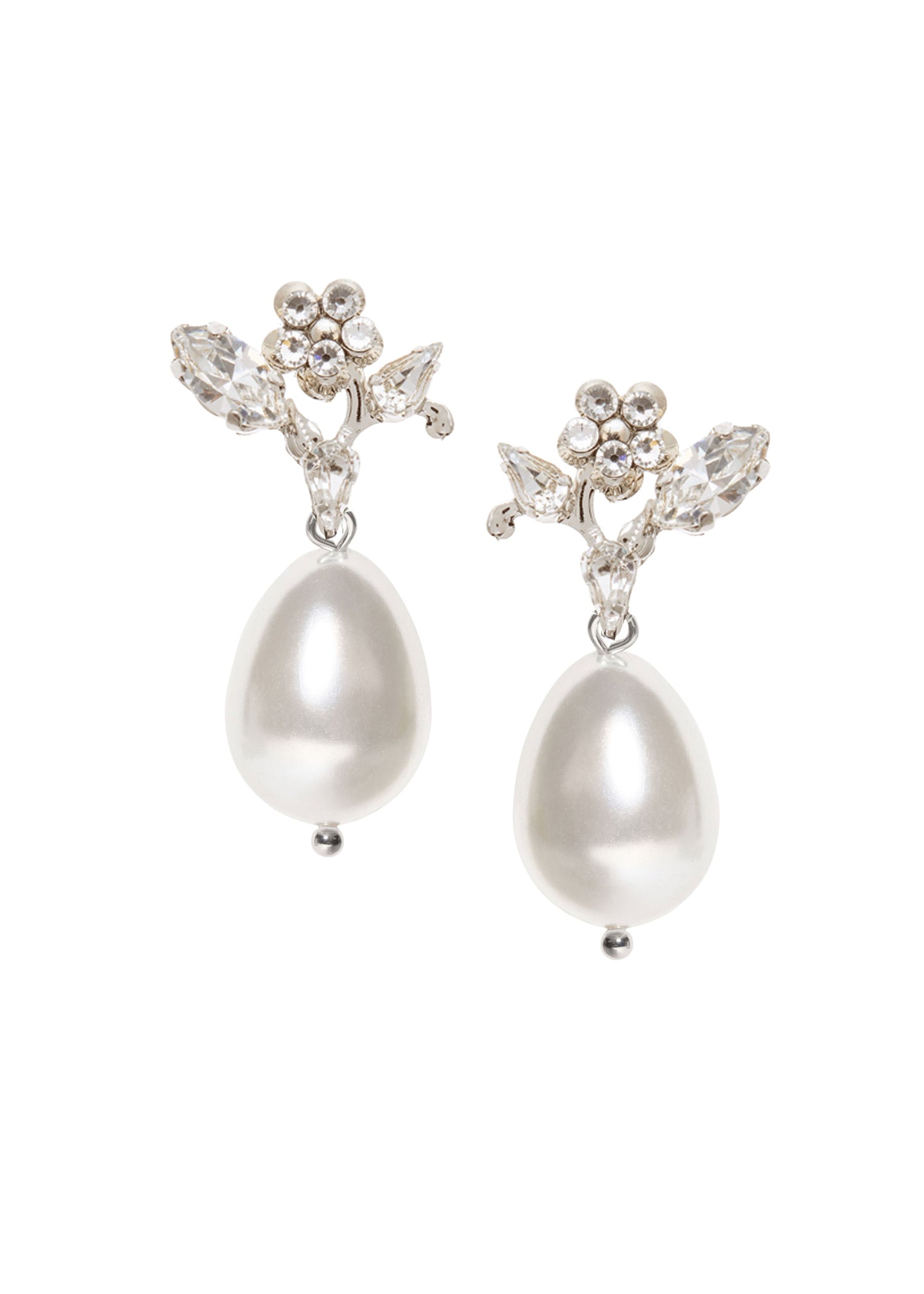 A pair of floral accented crystal topped pearl drop earrings on a white background