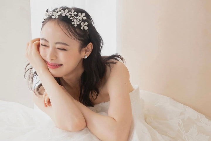 Crystal floral bridal hairpiece on model in wedding dress