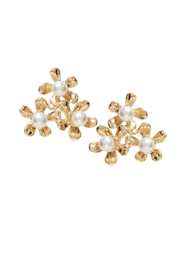 Gold floral pearl cluster stud earring white background