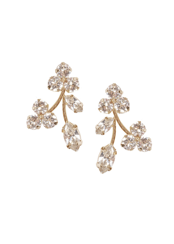 Gold Swarovski crystal floral stud earring with left right design on white background