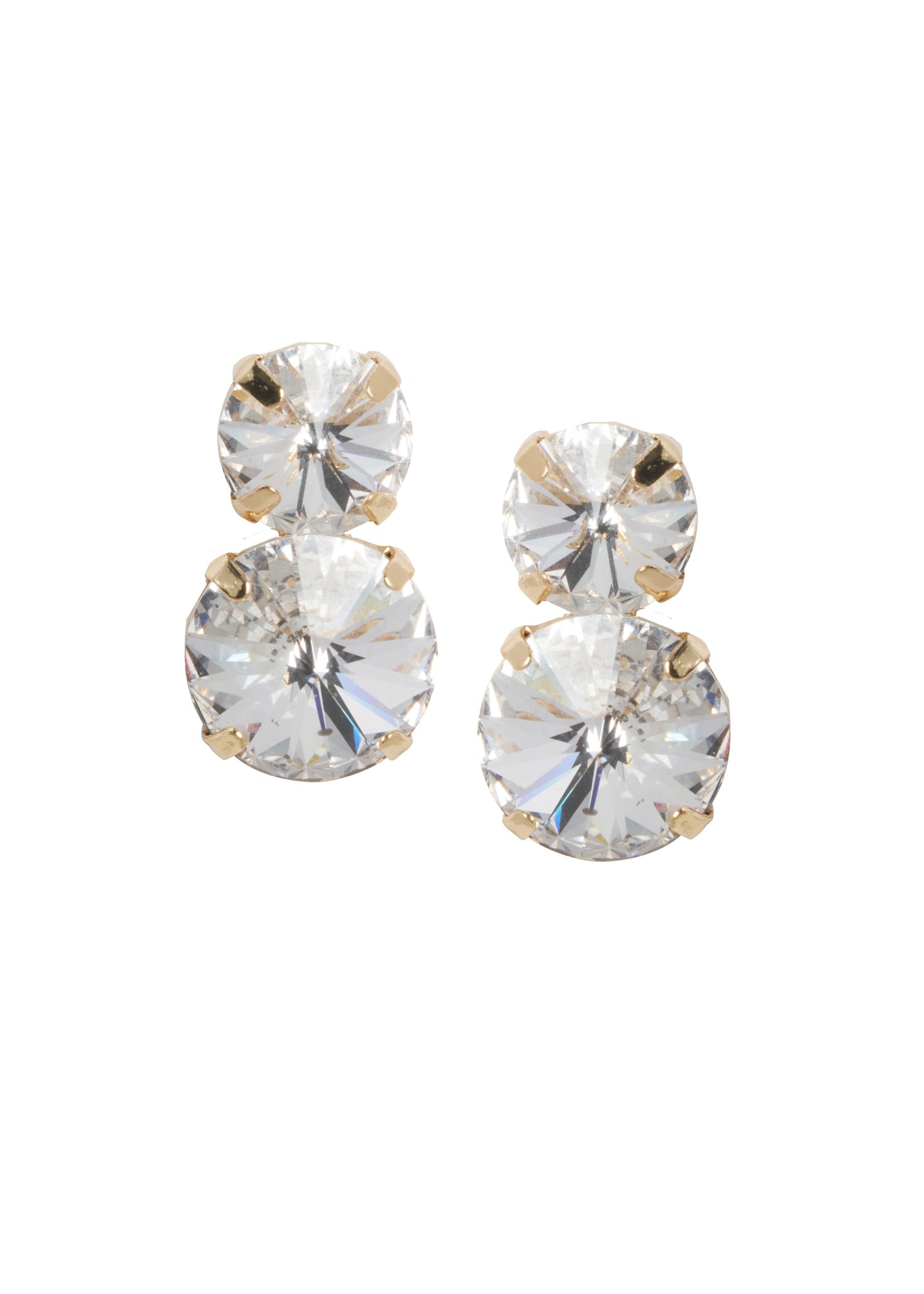 Gold Swarovski double crystal stud earring on white background
