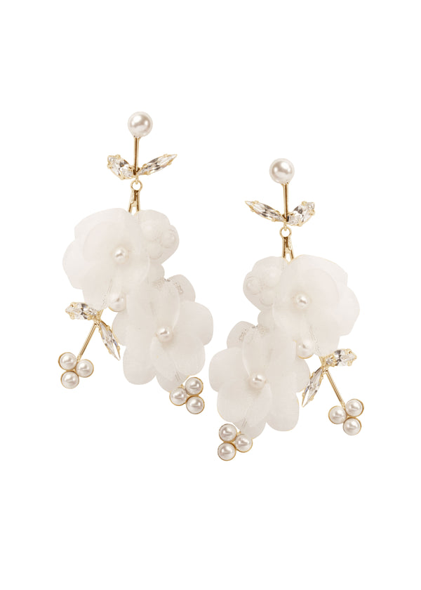 Ivory Silk floral gold chandelier earring with pearl accents on white back ground