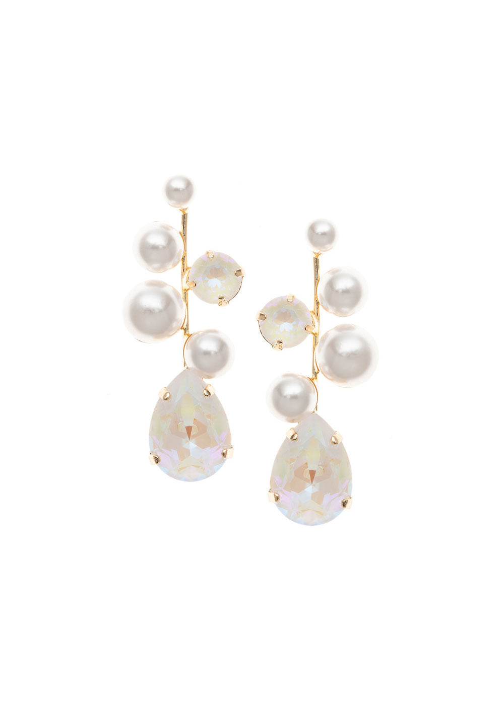 Pearl and crystal bubble style gold earring on white background