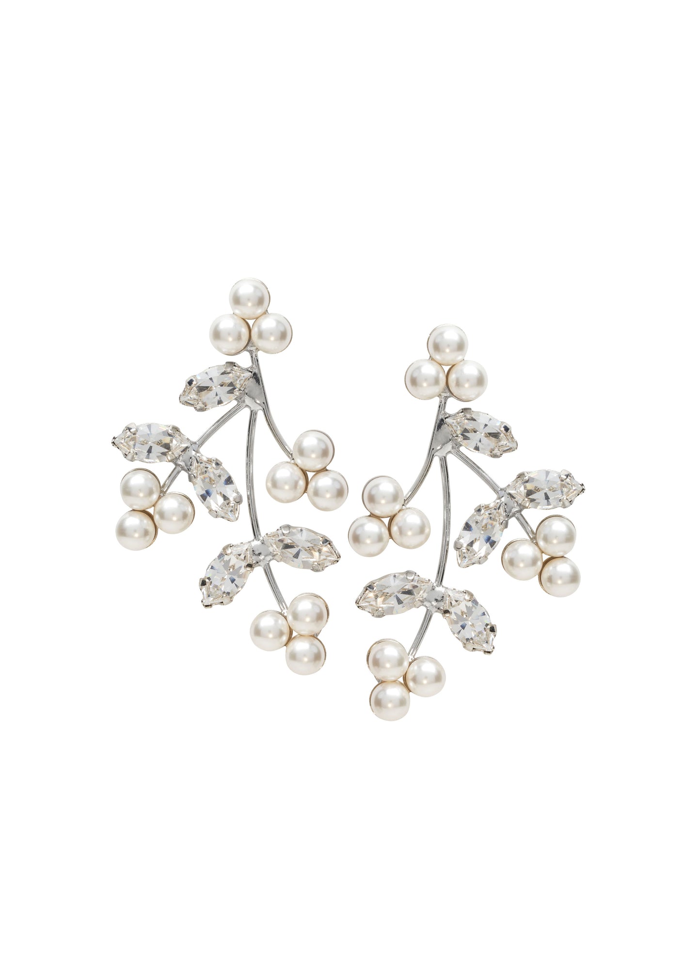 Silver Swarovski crystal and pearl Statement stud earring on white background