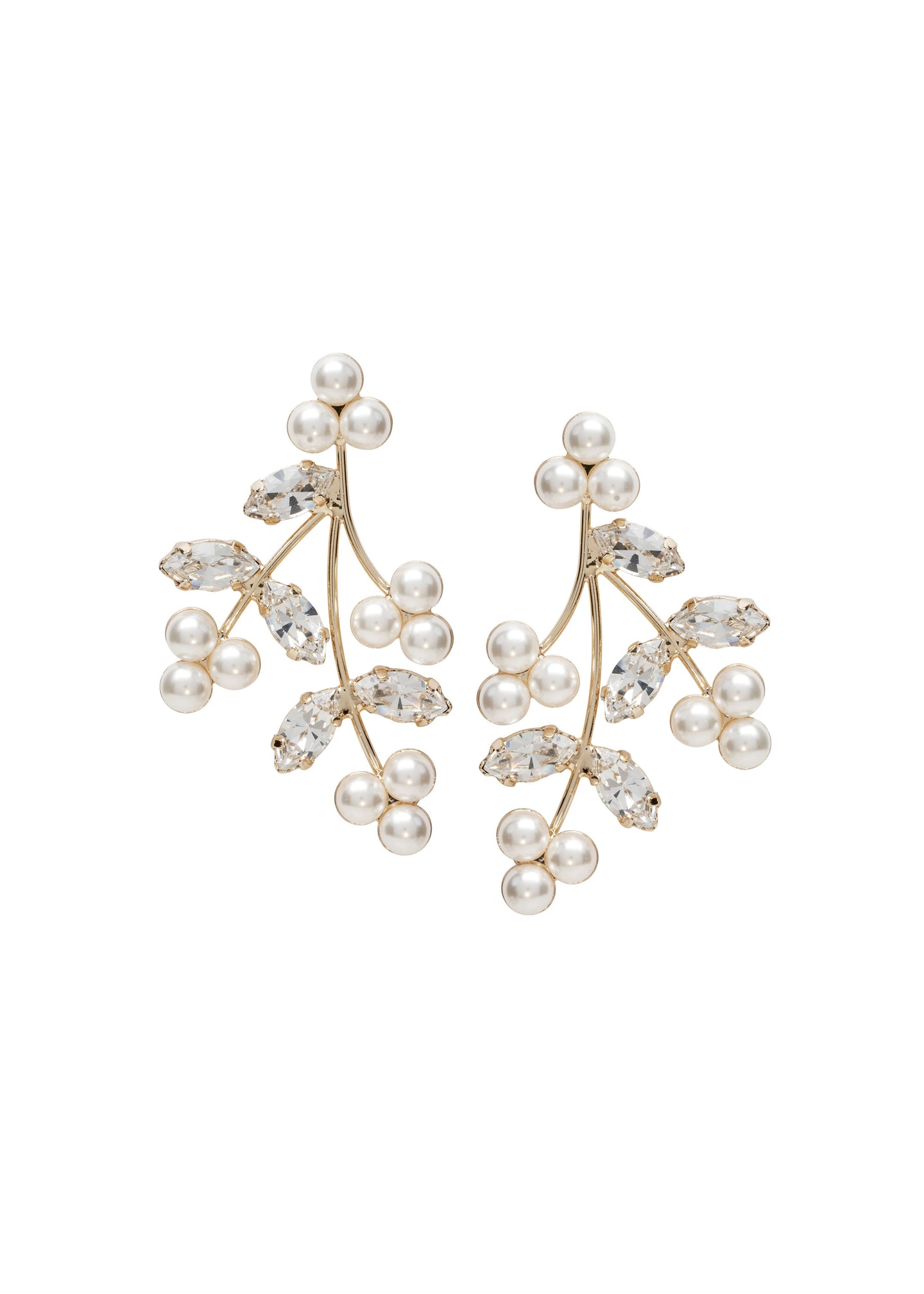 Gold Swarovski crystal and pearl Statement stud earring on white background