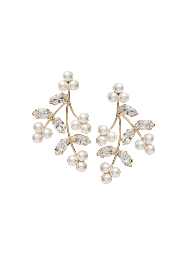 Gold Swarovski crystal and pearl Statement stud earring on white background
