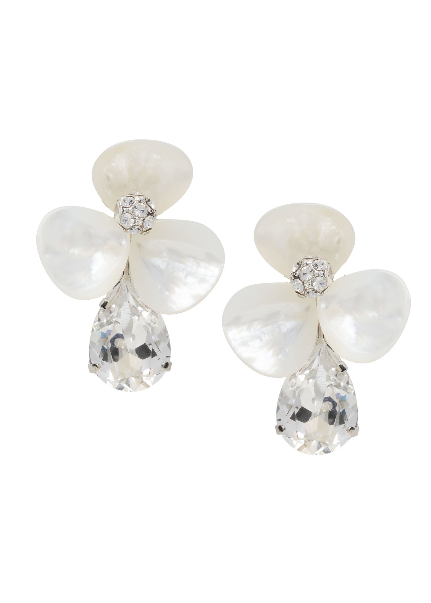 floral mother of pearl and crystal stud earring on white background