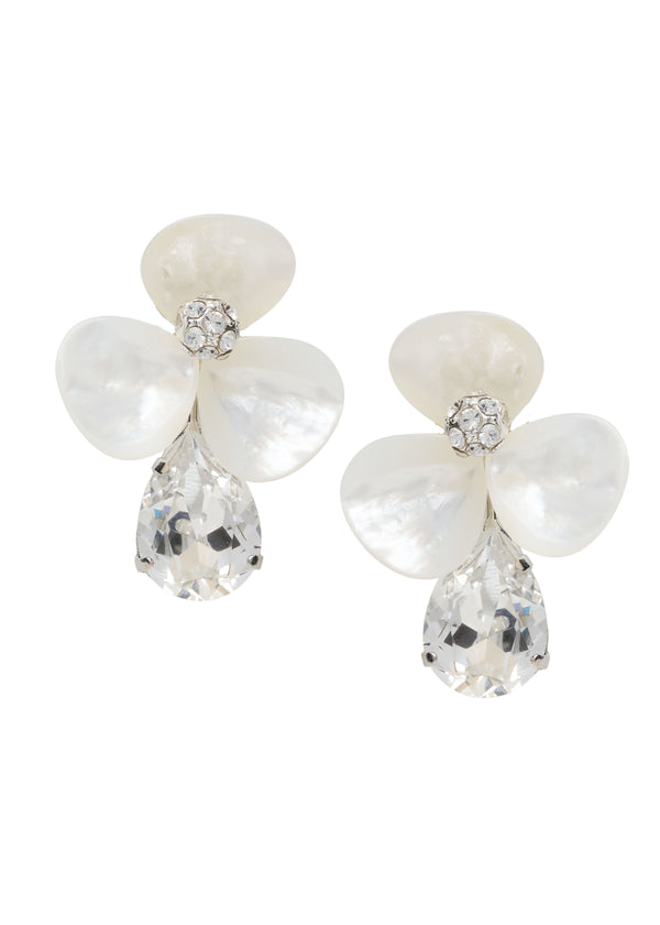 floral mother of pearl and crystal stud earring on white background