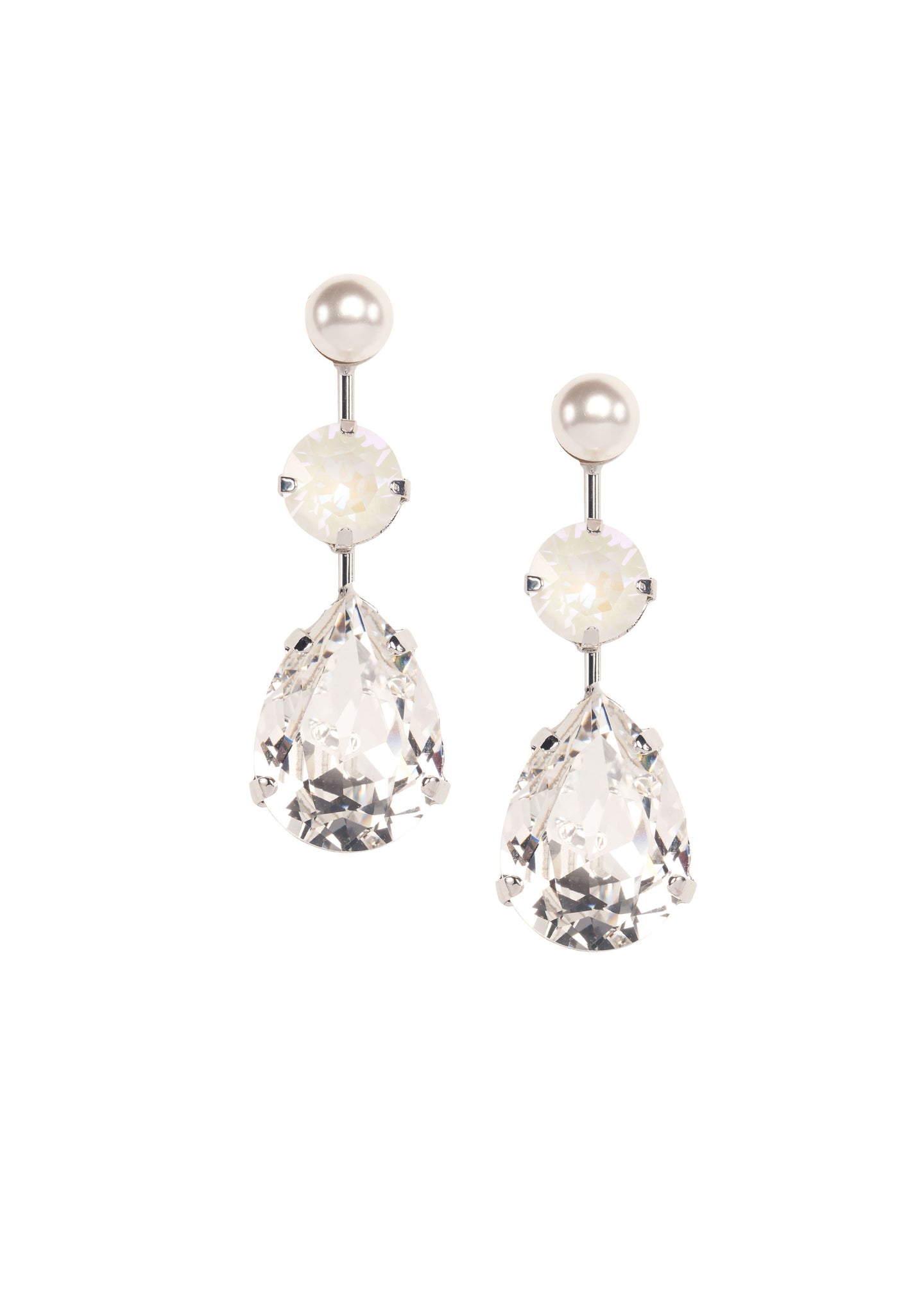 linear teardrop earrings with crystals and pearl accents on white background