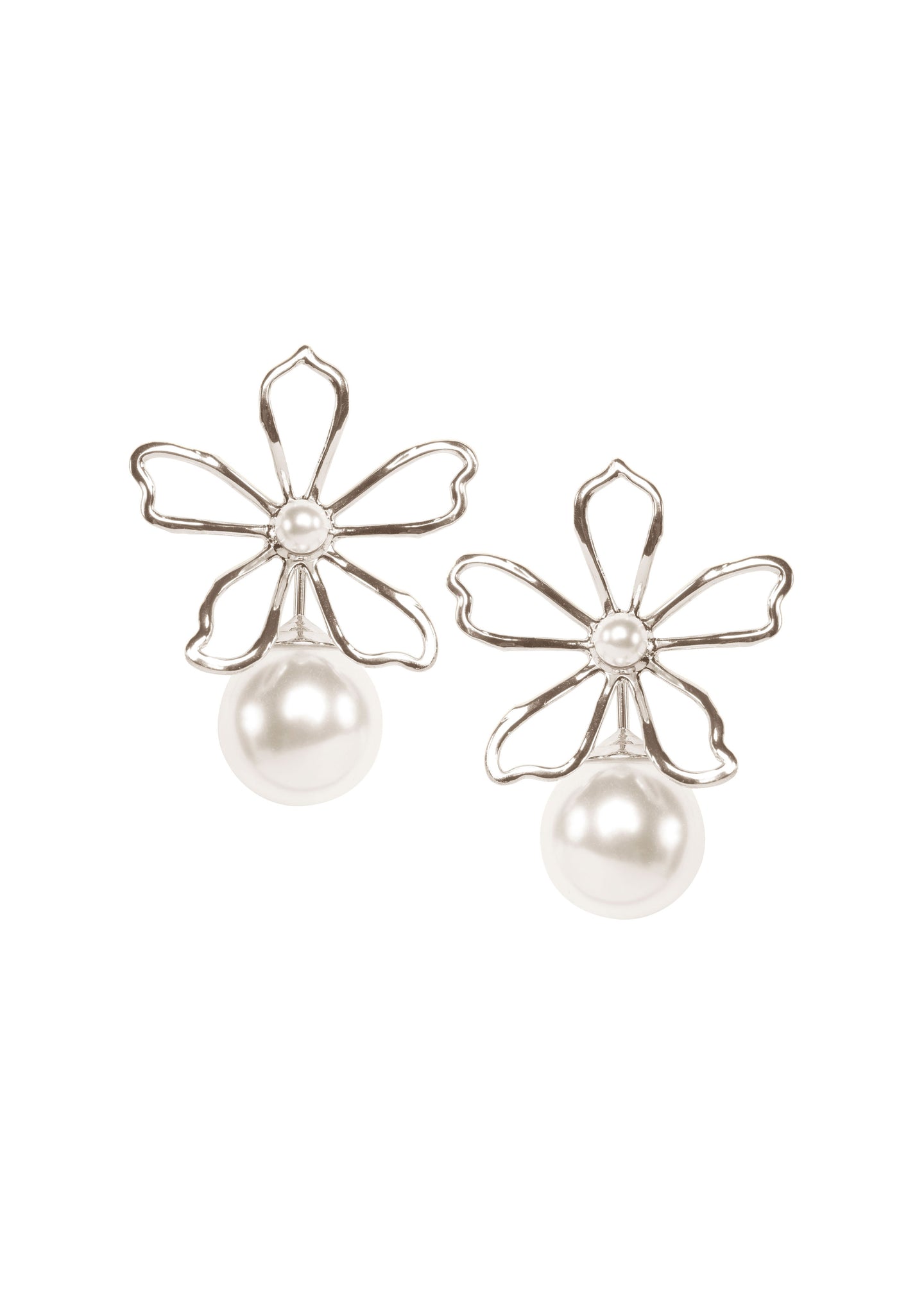 Silver open flower and pearl stud earring on white background