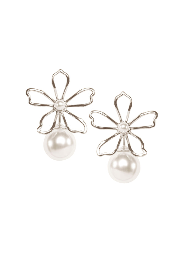 Silver open flower and pearl stud earring on white background