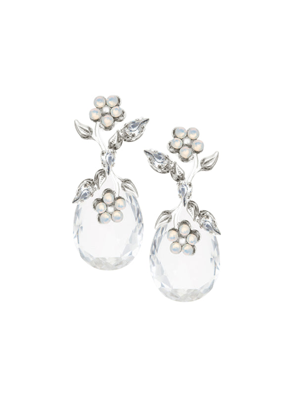floral crystal drop earring with silver and opal accents on white background