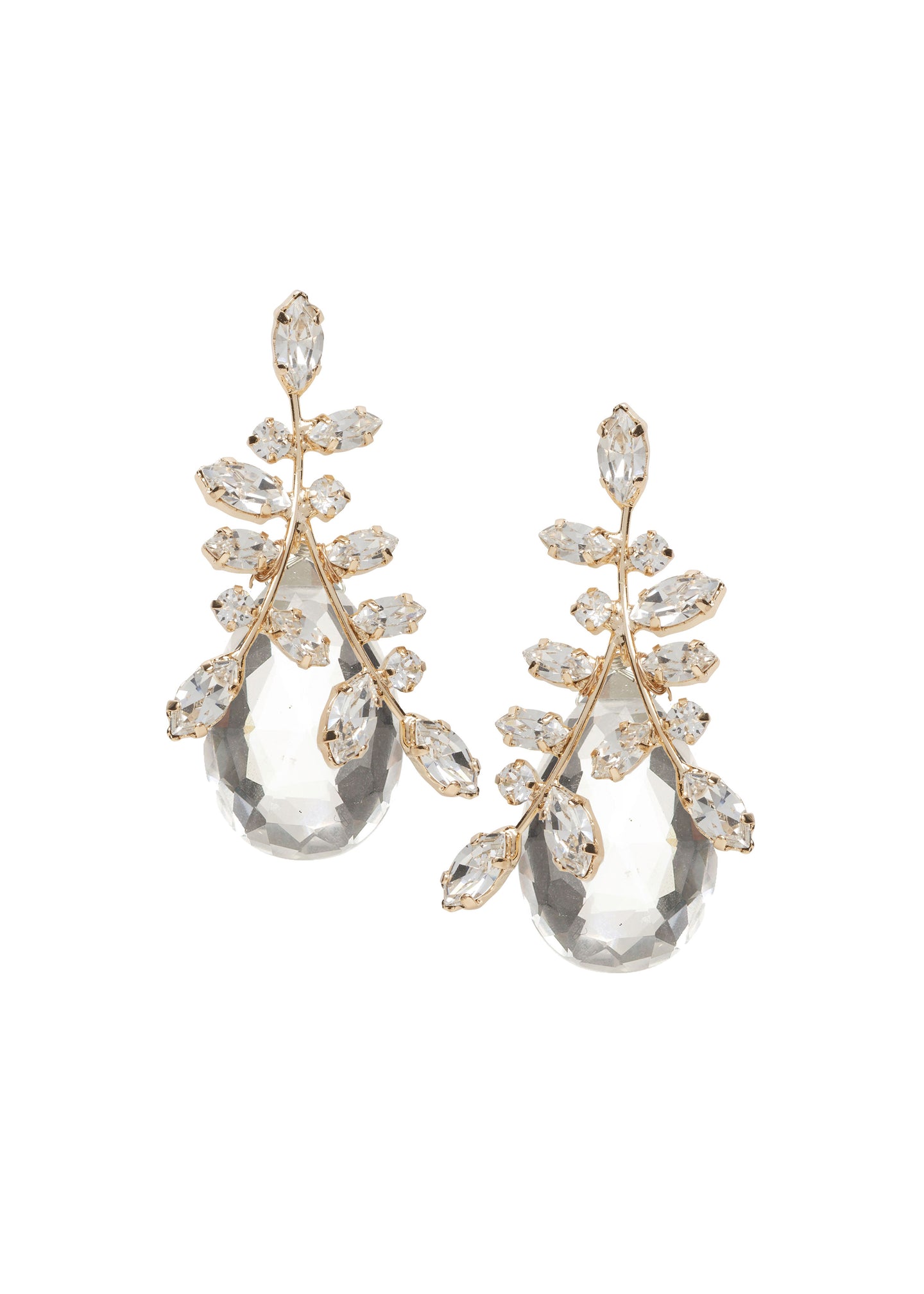 Glass tear drop crystal accents drop earring in gold on white background