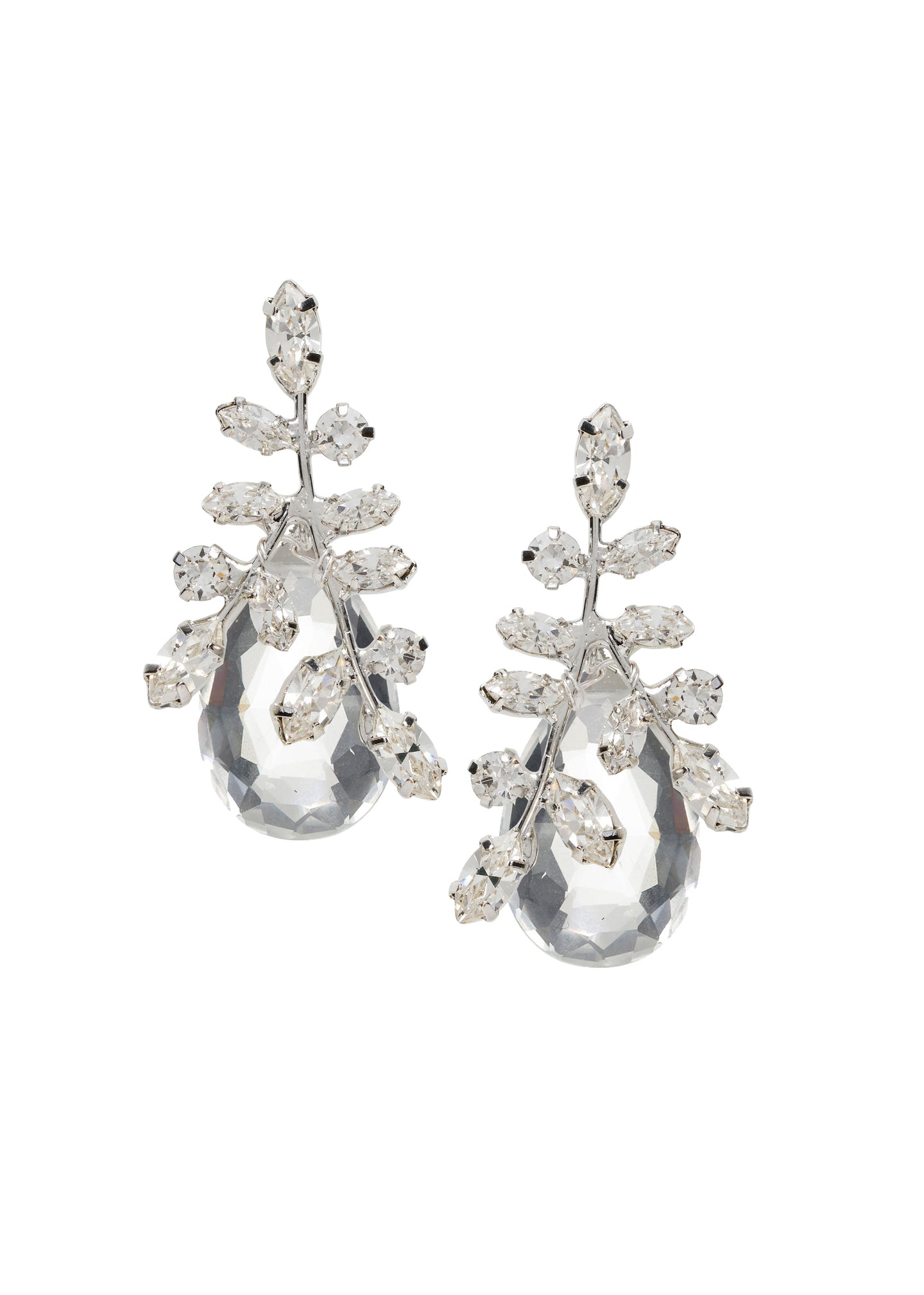 Glass tear drop crystal accents drop earring in silver on white background
