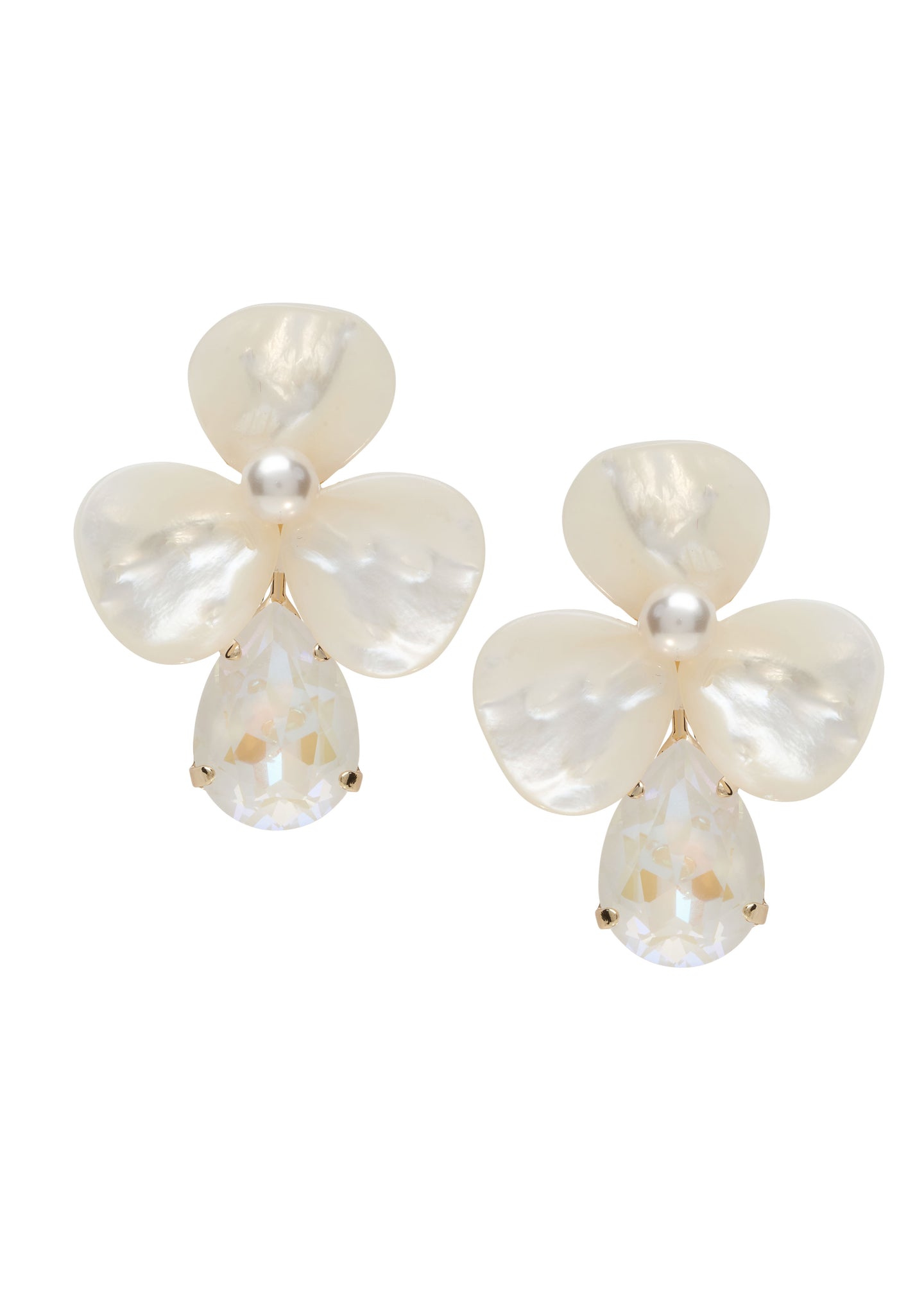 Gold floral mother of pearl and crystal stud earring on white background