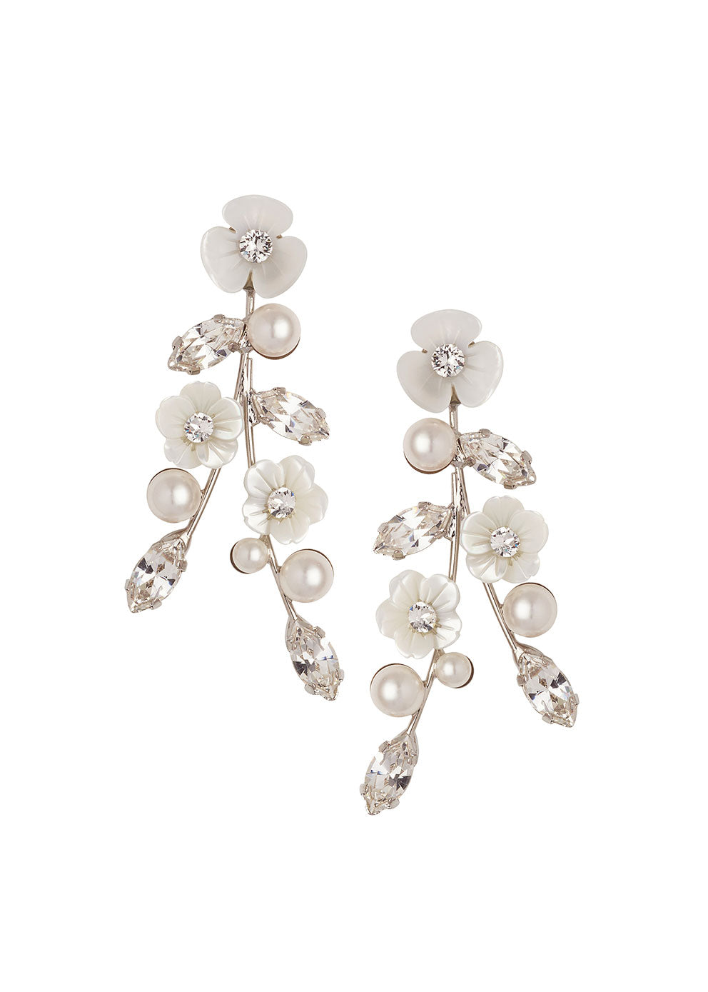 Mother of pearl and crystal mini statement stud earring in left right design in white background