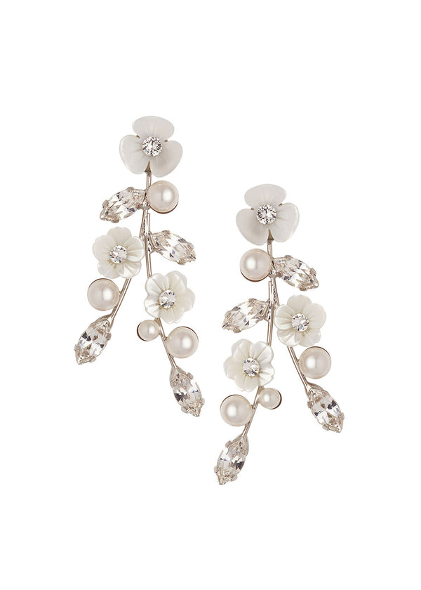 Mother of pearl and crystal mini statement stud earring in left right design in white background