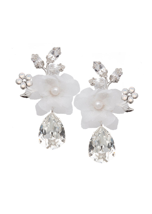 Silk Floral ivory silver crystal drop earring on  white background