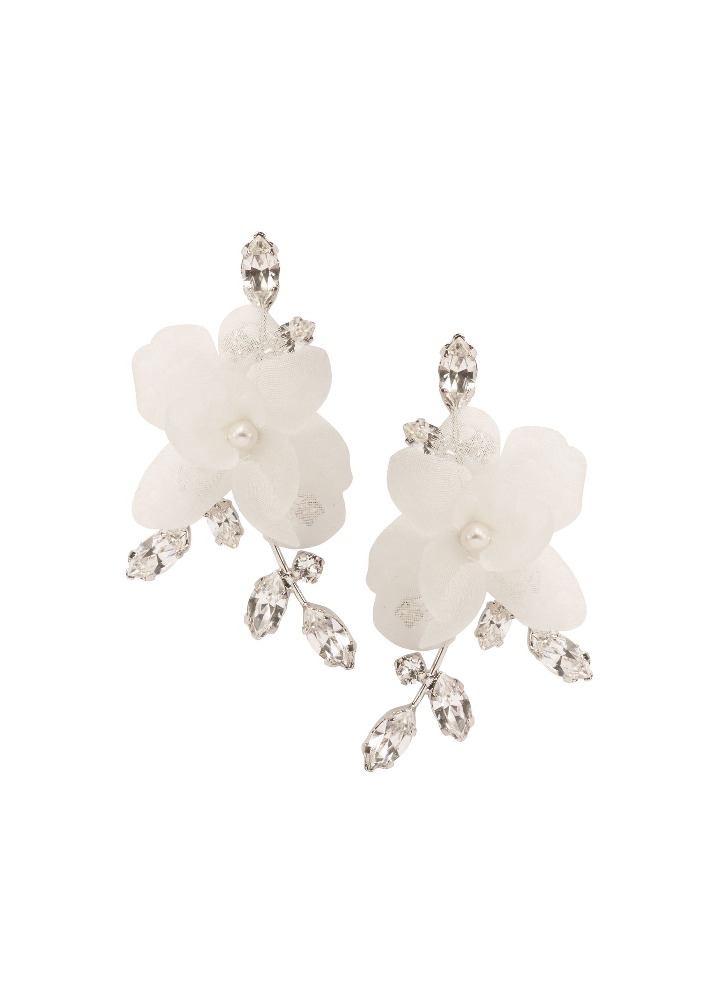 Silver silk flower and Swarovski crystal stud earring in a left right design on white background