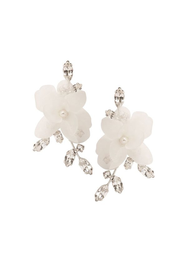 Silver silk flower and Swarovski crystal stud earring in a left right design on white background