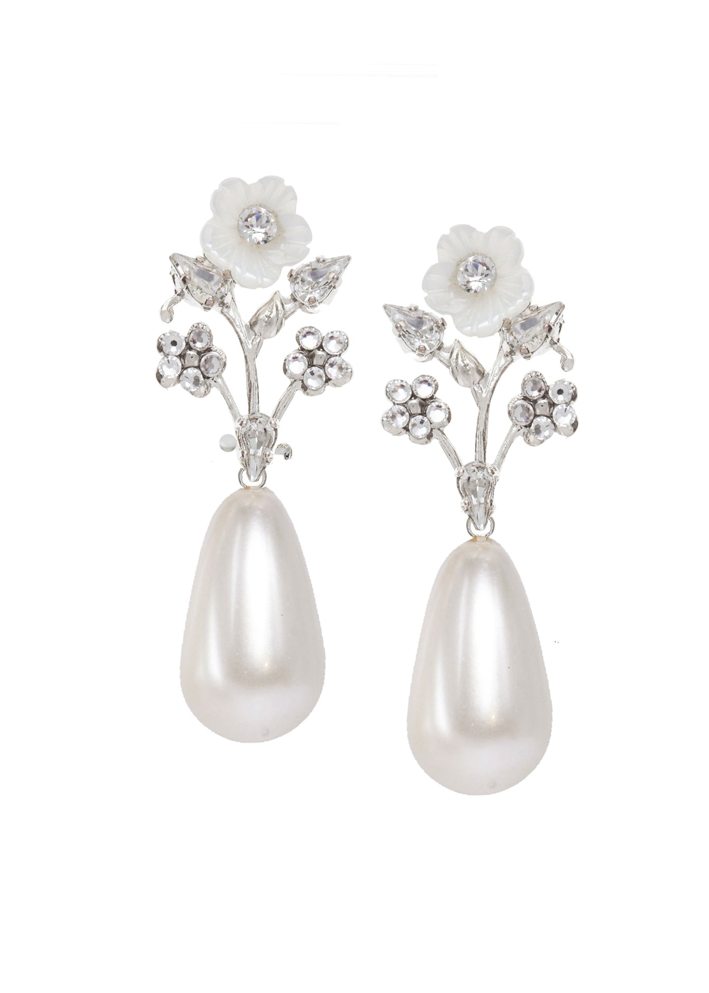 Floral pearl drop earring with crystals a mother of pearl carved flower, on a white background