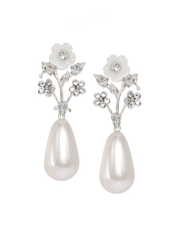 Floral pearl drop earring with crystals a mother of pearl carved flower, on a white background