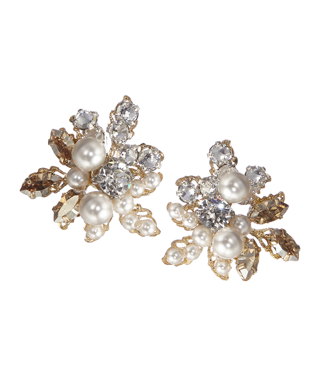 A pair of gold-colored floral design stud earrings embellished with pearls and crystals.