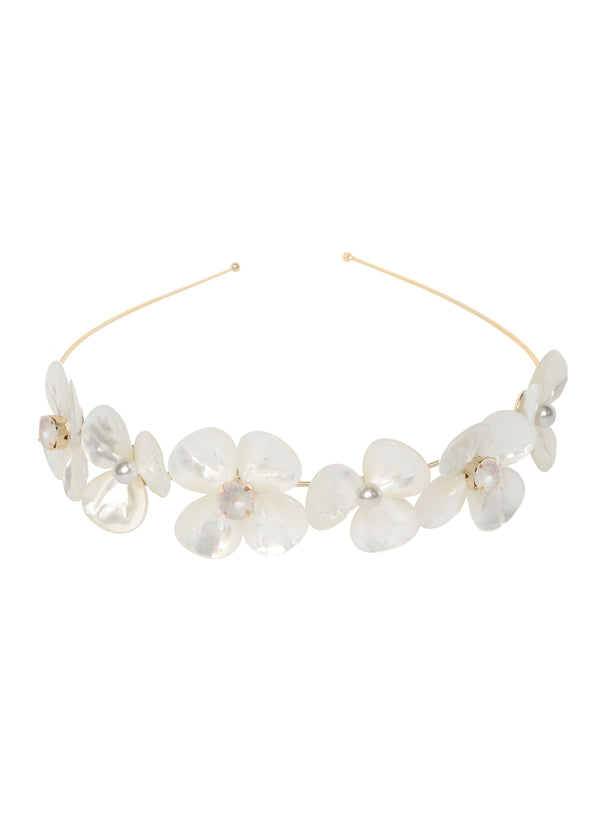 A gold floral mother of pearl headband on a white background