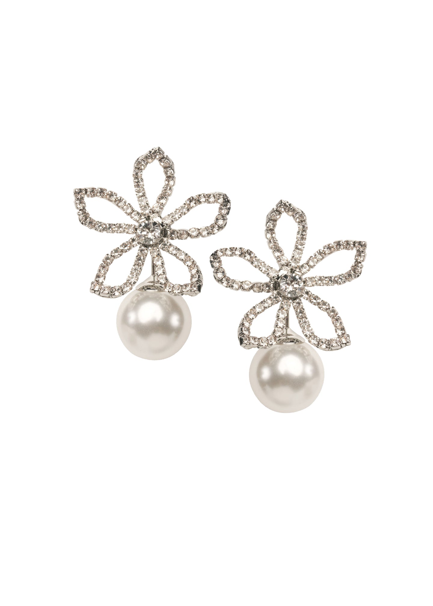 Silver Floral Swarovski crystal and pearl stud earring  on white background