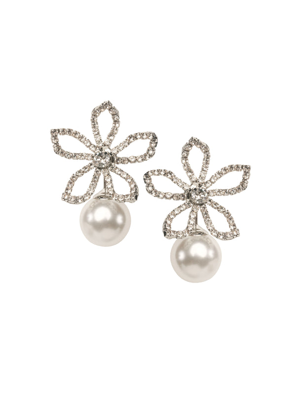 Silver Floral Swarovski crystal and pearl stud earring  on white background