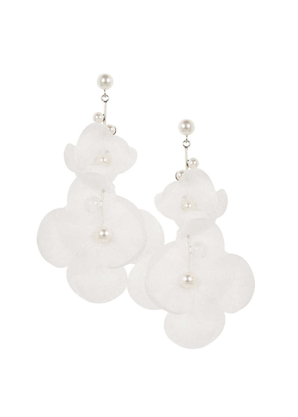 Silk floral drop earring in ivory and silver on white background