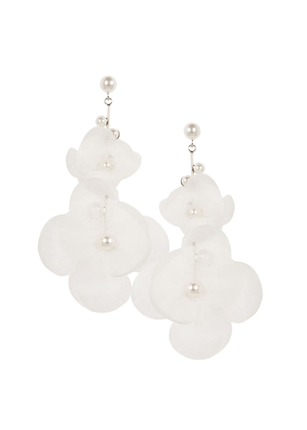 Silk floral drop earring in ivory and silver on white background