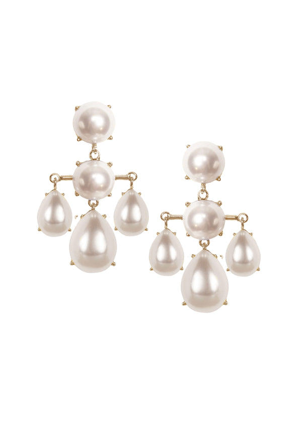 A pair of chandelier earrings with pearl cabs and gold or rhodium plate finish.