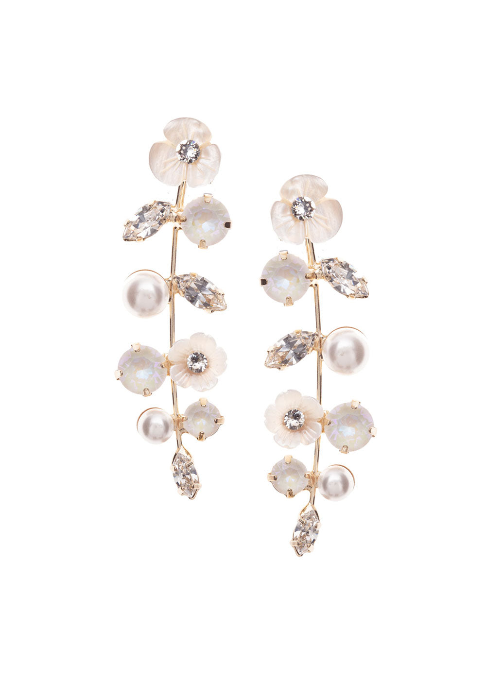 A pair of drop earrings featuring a floral design with pearls and crystal stones in rhodium or gold finish.