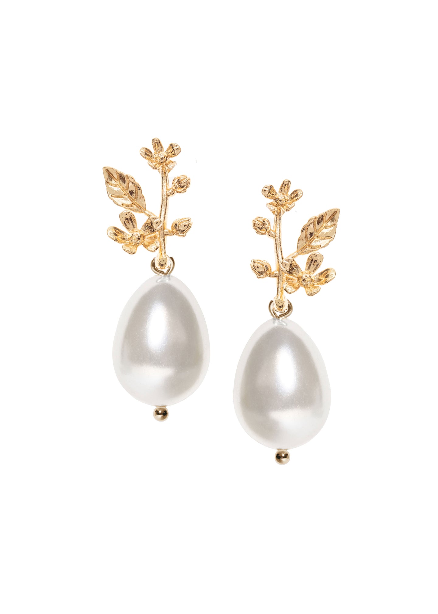 Golden leaf topped pearl drop earings on a white backgorund.