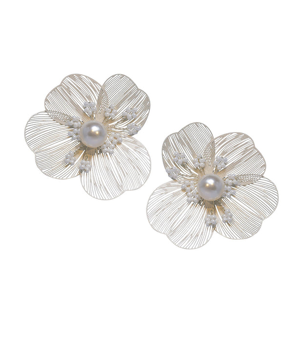 Pair of floral earrings with pearl centers on a white background