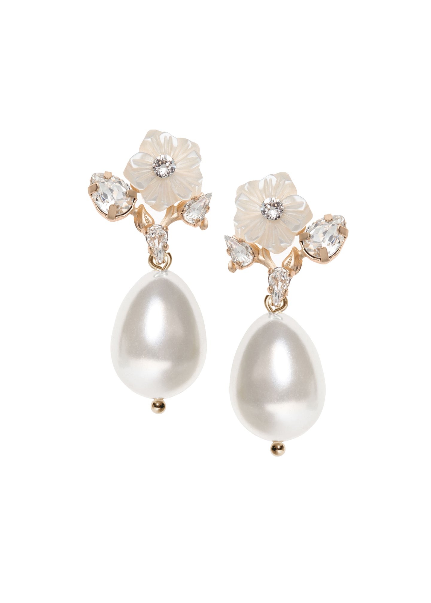 A pair of matte gold floral pearl drop earrrings on a white background
