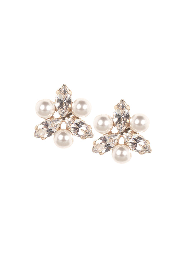 Swarovski pearl and crystal gold stud earring on white background