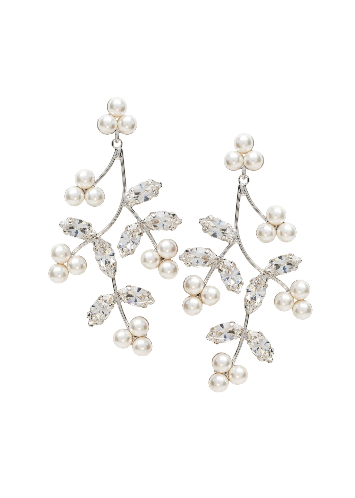 A pair of chandelier earrings featuring gold-colored metal, clear crystals, and pearl accents designed for bridal wear.