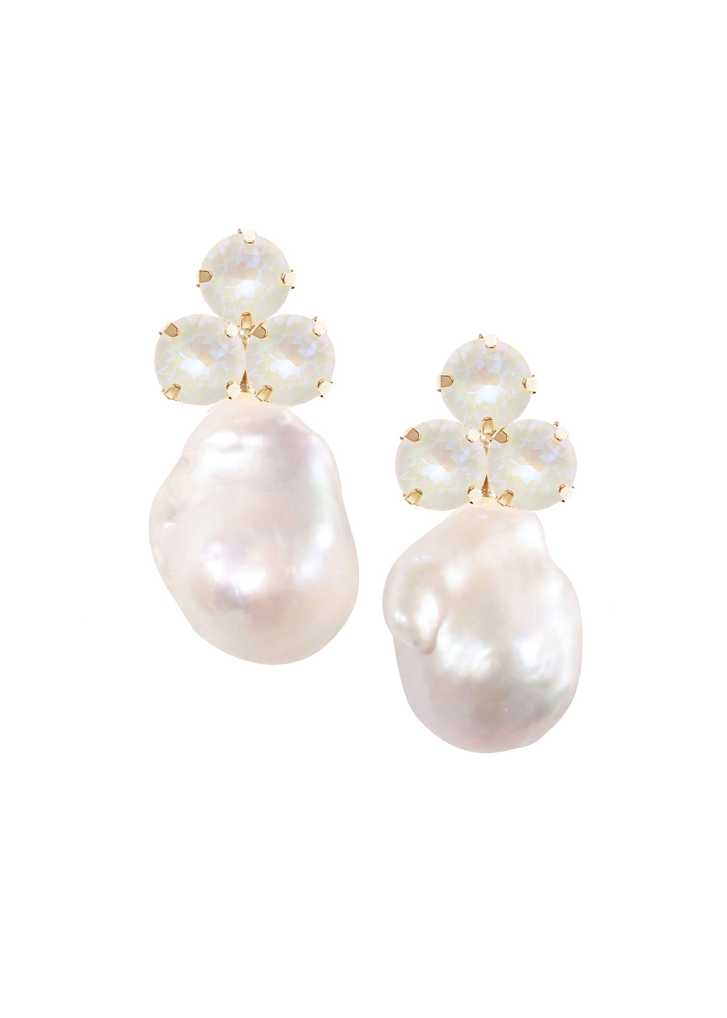 A pair of pearl earrings with gold accents and crystal embellishments on a white background.