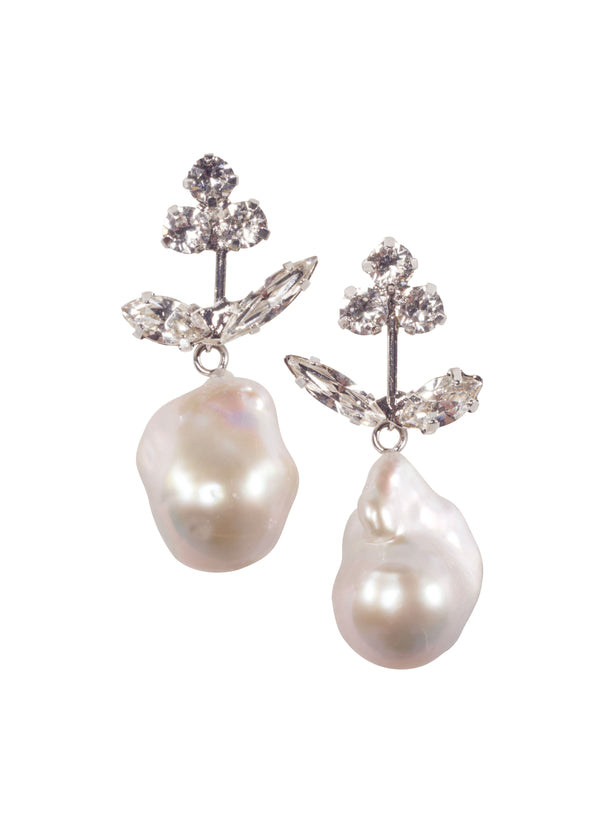 A pair of floral drop earrings with a baroque pearl design, silver-colored tops with a post back.